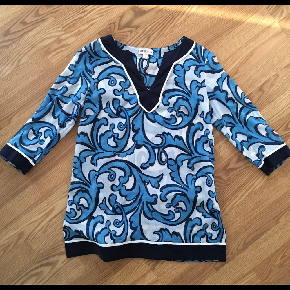 Merona Sheer Tissue Weight Cotton Tunic Beach Coverup blue white sz Small‎